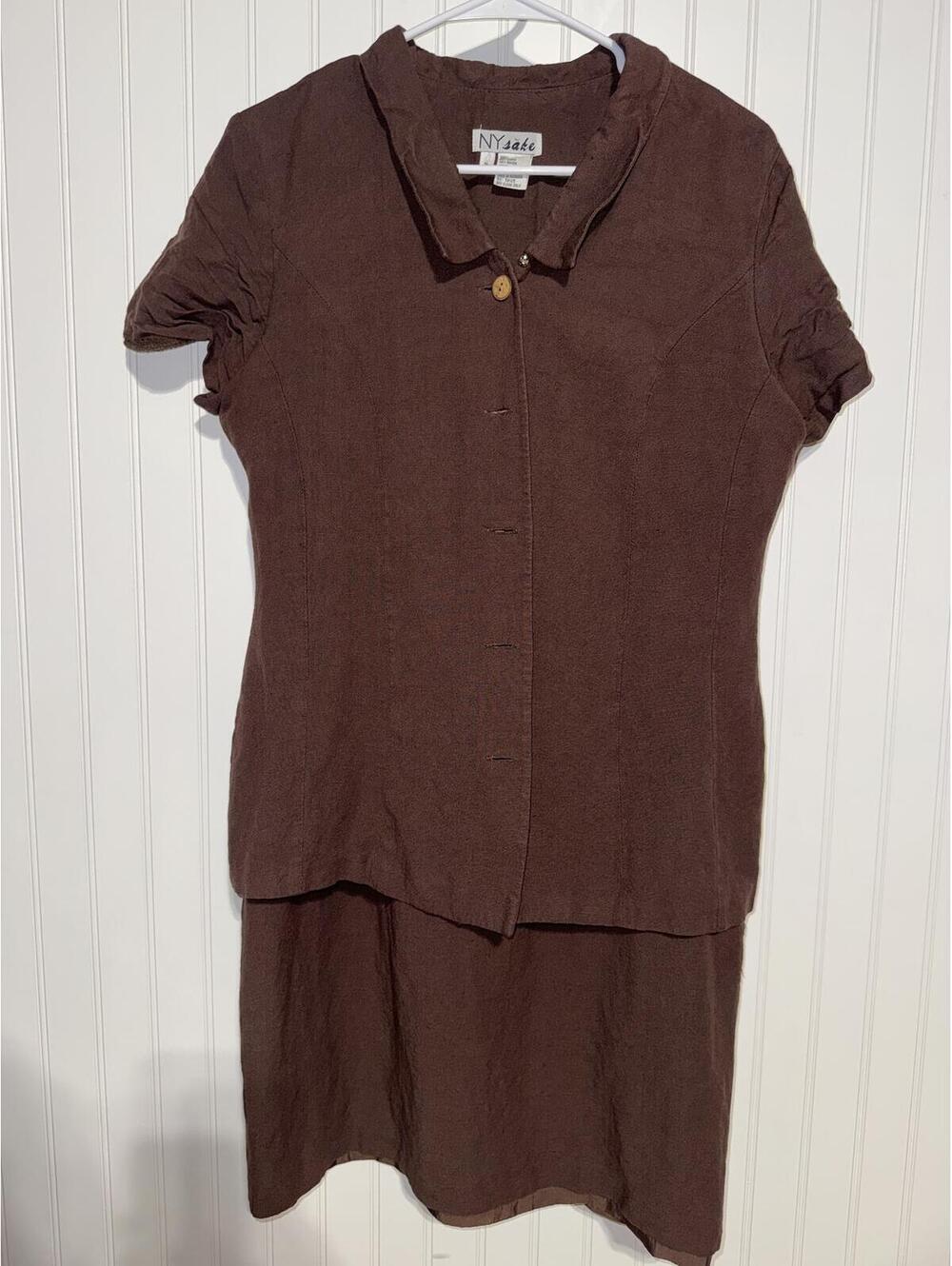 Vintage NY Sake Linen Rayon Skirt Suit Set Brown Short Sleeve Top 14
